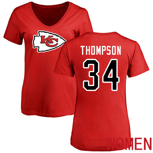 Women Football Kansas City Chiefs #34 Thompson Darwin Red Name and Number Logo Slim Fit T-Shirt